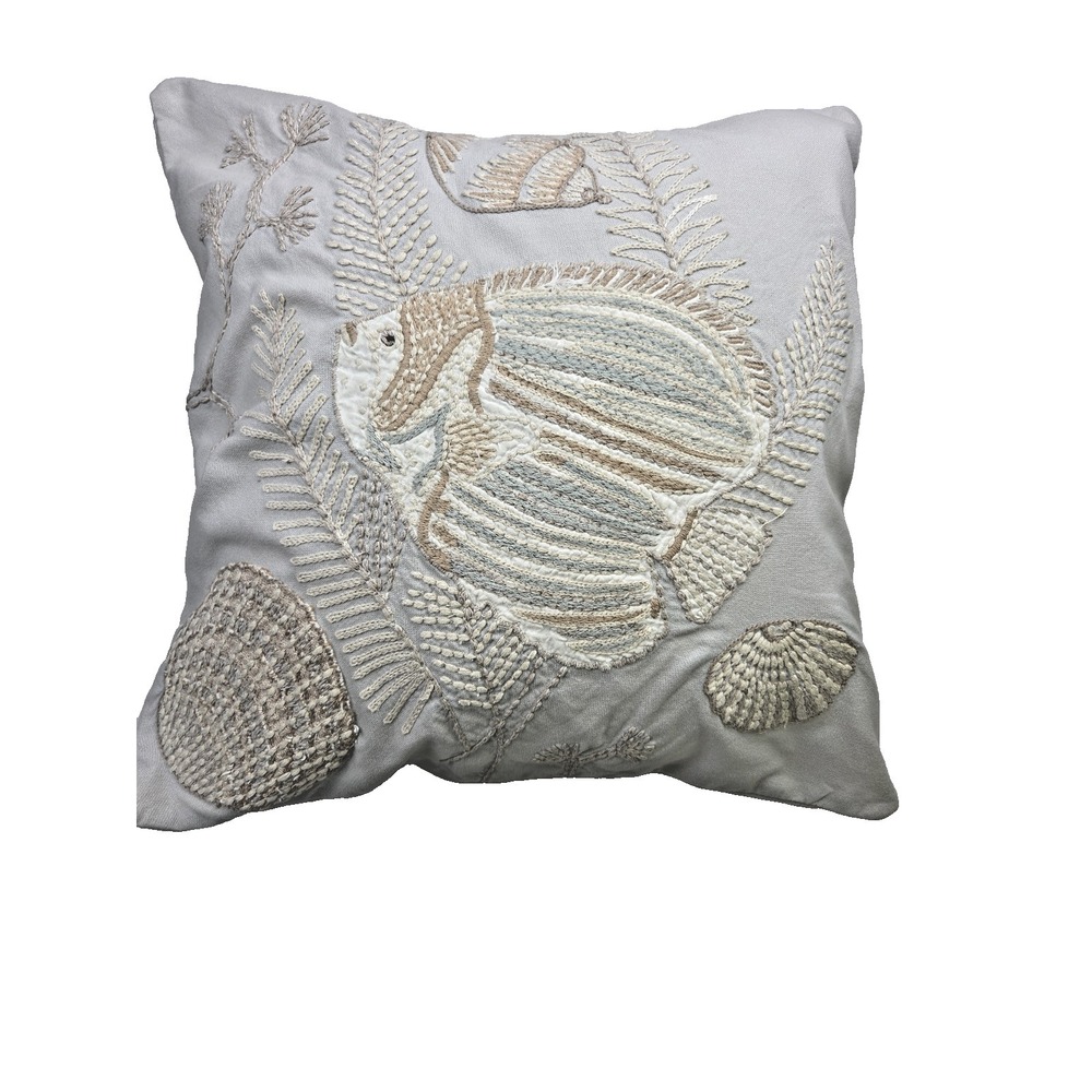 Pottery Barn Throw Pillow Embroidered Fish Shells 2012 18x18" w Down Insert Blue